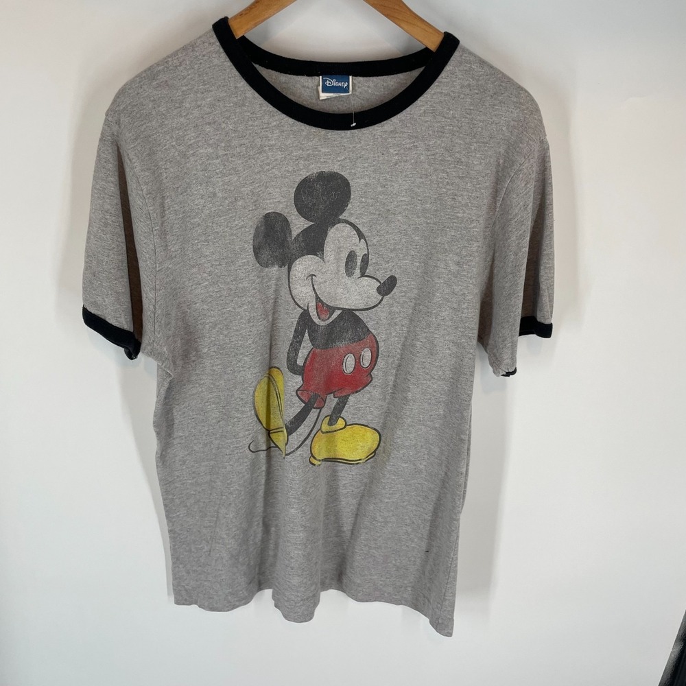 Disney Mickey Mouse Vintage Ringer Graphic Crewneck T-Shirt Heather Gray L